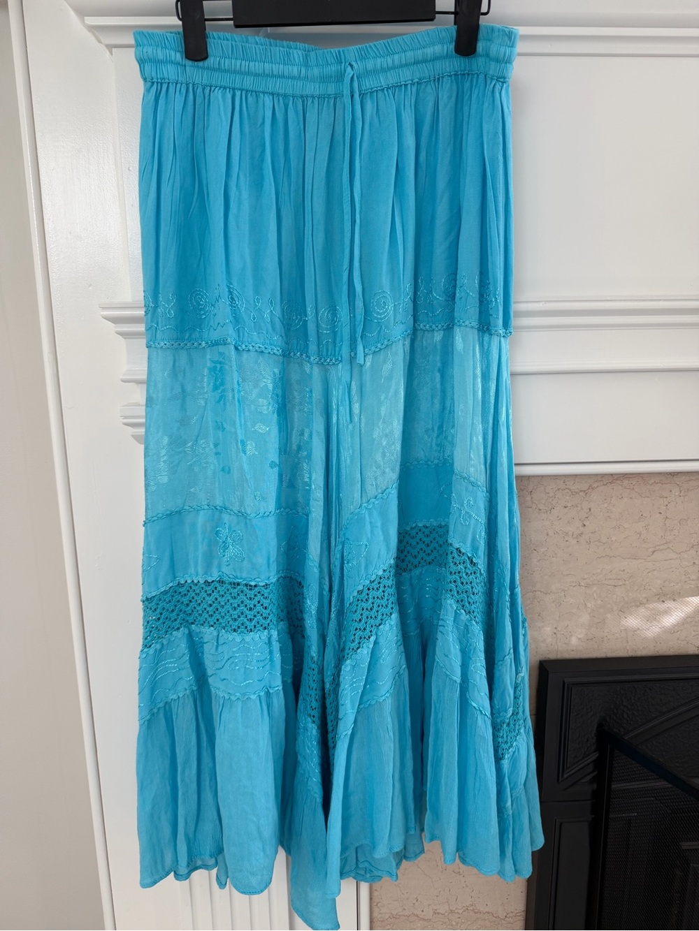 Light Blue 90s Fairycore Floral Embroidered Laced Tiered Boho Flowy Maxi Skirt